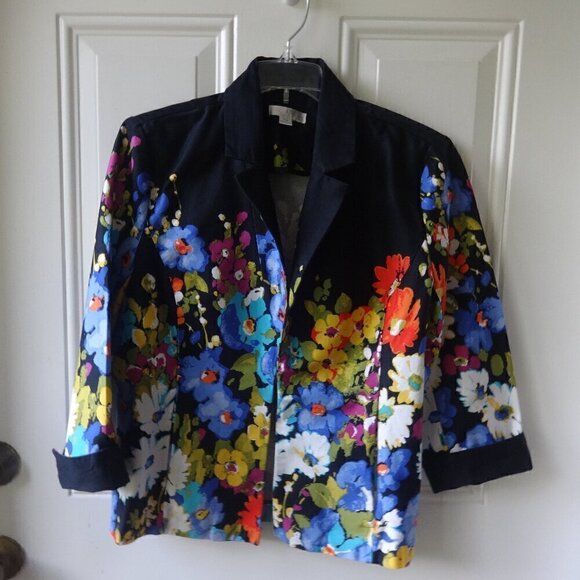 Erin women's jacket size PM, 3/4 sleeve, black with colorful print, 1 hook front - Picture 1 of 12